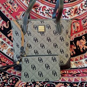 Vintage Dooney & Bourke Grey Canvas Signature Monogram Tote Bag and Wristlet Set